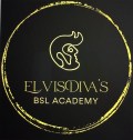 Background black and front circle gold, inside circle, logo of shape Elvis Presley's face right side, show hair. write gold, Elvisdiva's BSL ACADEMY